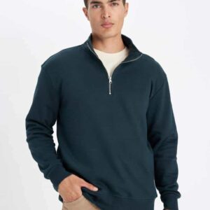Comfort Fit Fermuarlı Dik Yaka Basic Sweatshirt